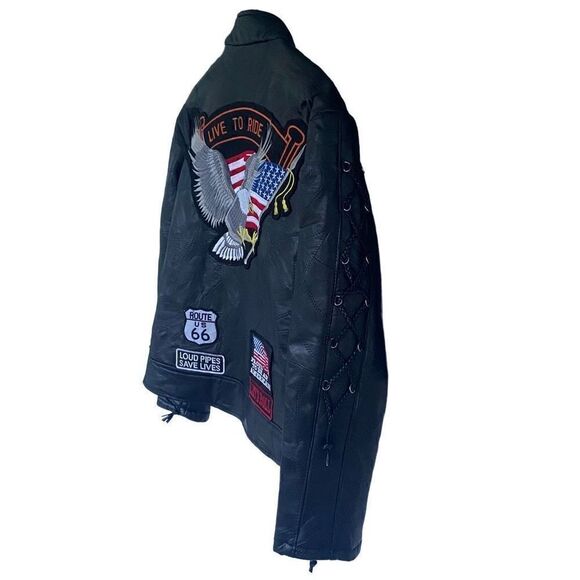 Diamond Plate Buffalo Leather Patchwork Motorcycle Mens Jacket American Flag Med - Picture 3 of 6